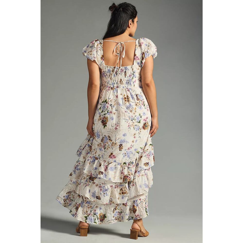 Anthropologie Tiered Ruffle Hem Floral Cap Sleeve Maxi Dress White 1X - Picture 2 of 9